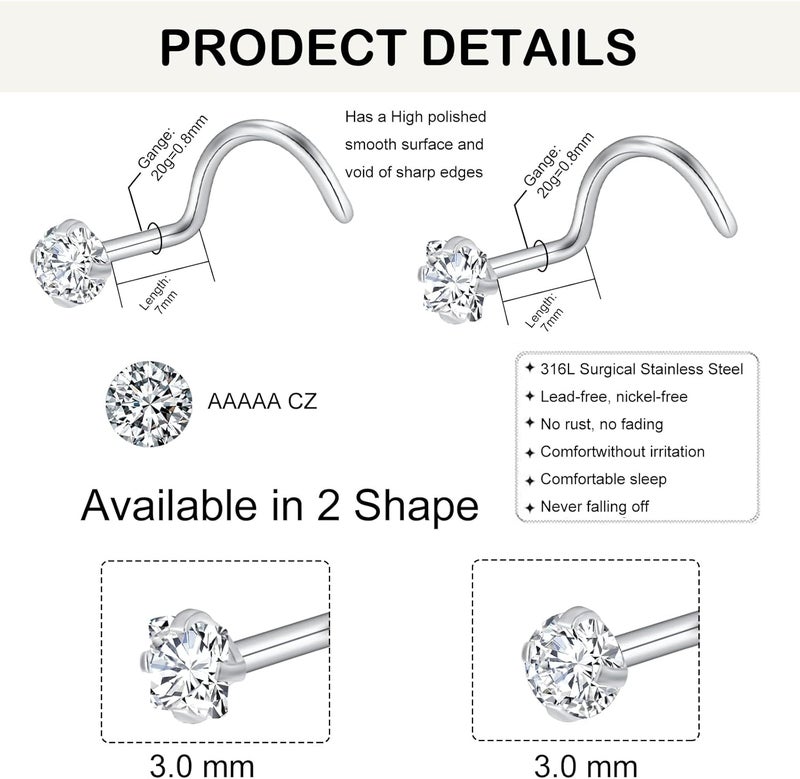 XoCiuKe 10Pcs 20G Nose Rings Studs for Women Corkscrew Sliver Nose Studs Hypoallergenic Nose Rings 316L Surgical Stainless Steel Nose Nostril Percing Jewely for Women Men Round Square CZ Imitation Diamond 1.5mm/2.0mm/2.5mm/3.0mm - Image 2